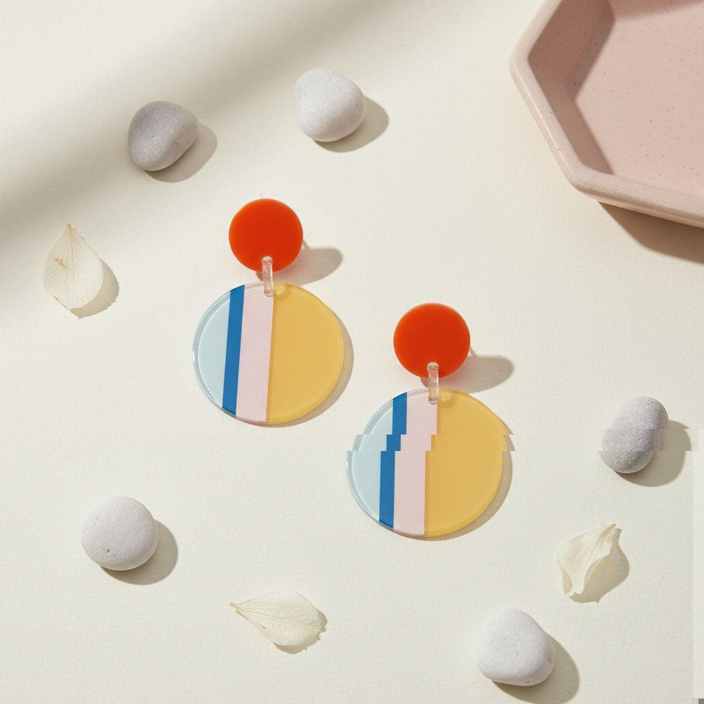 Drop Geo Stripe Retro-Chic Yellow Disc Earrings