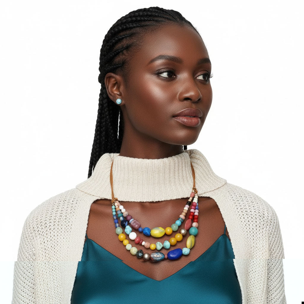 Stone Bead Layered Leather Cord Necklace Set