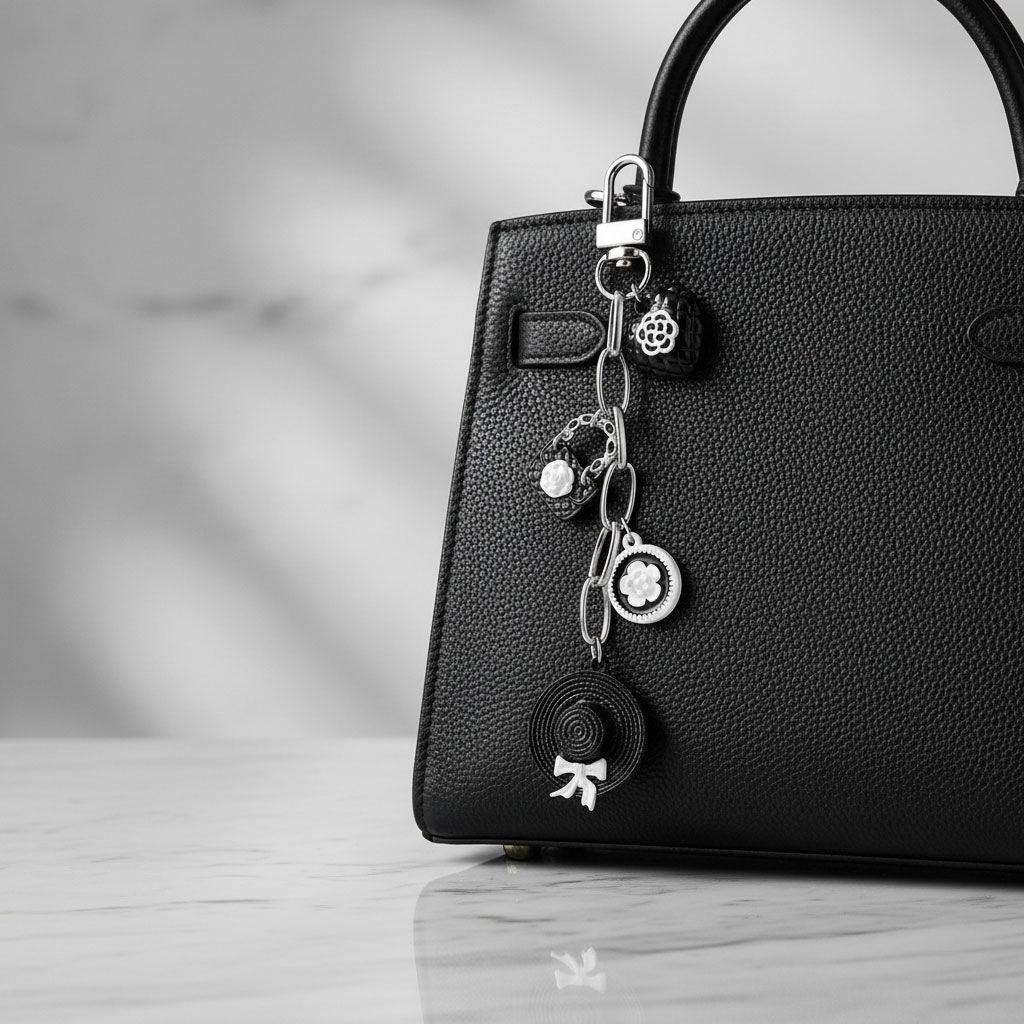 Keychain Black and White Camellia Charms Bag Clip