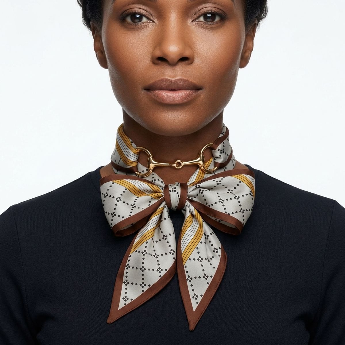 Horsebit Brown Gray Geometric Silky Scarf Necklace