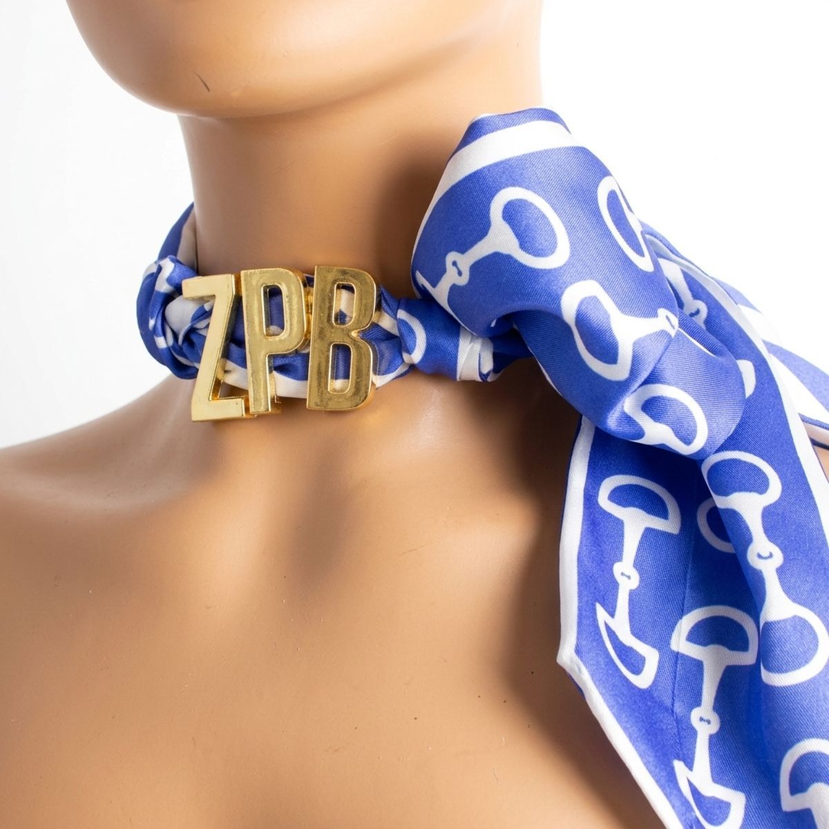 ZPB Gold Letter Blue White Horsebit Scarf Necklace