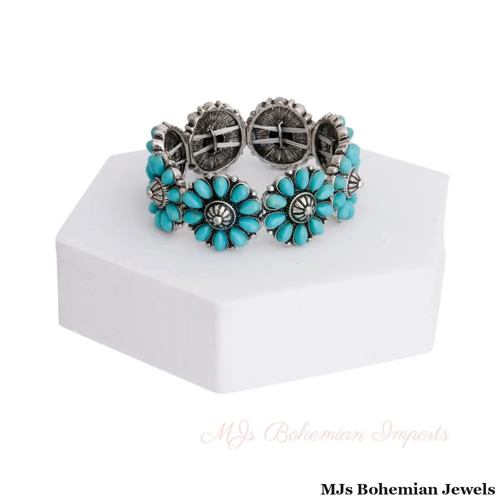 Turquoise Bead Engraved Silver Bracelet