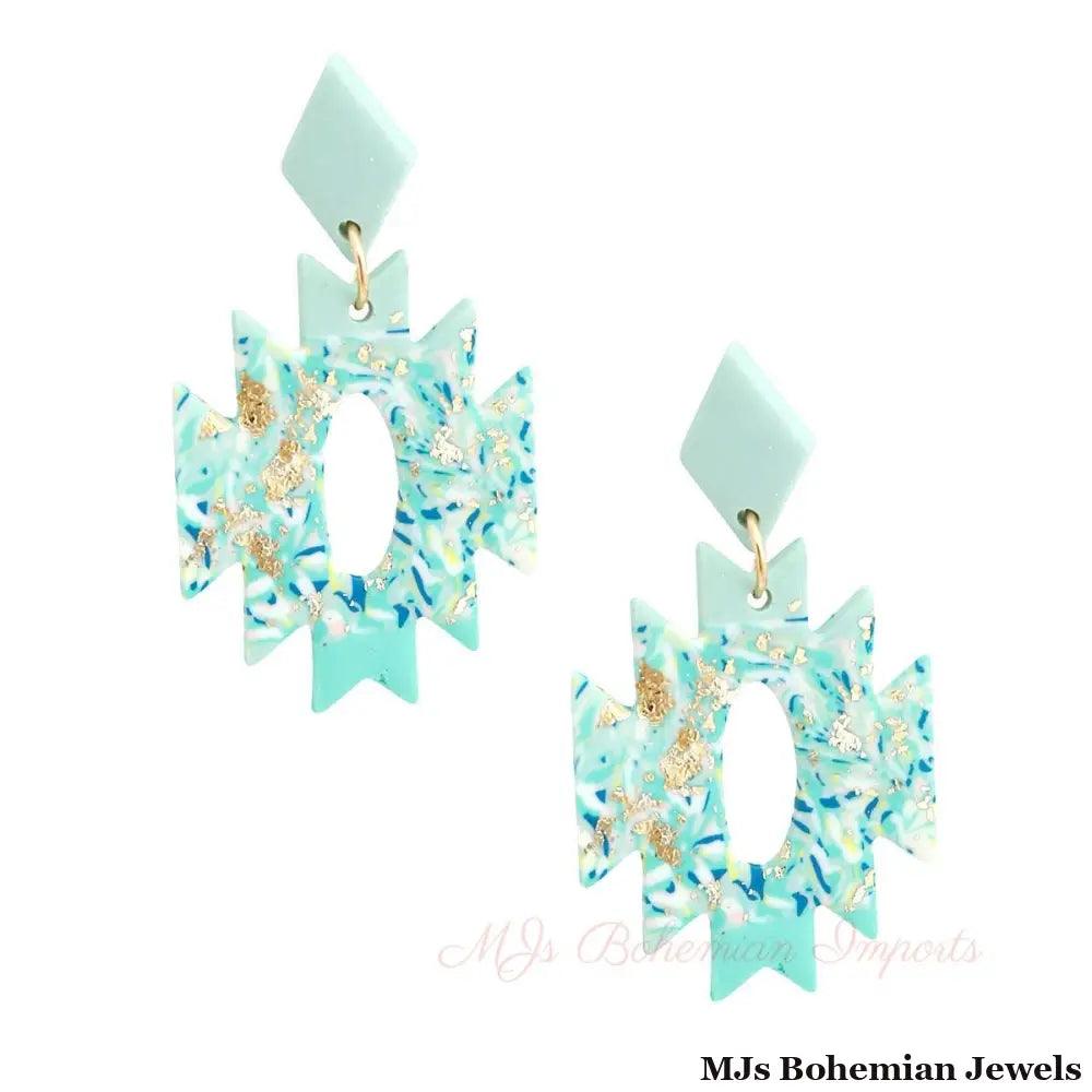 Turquoise Marbled Clay Aztec Earrings
