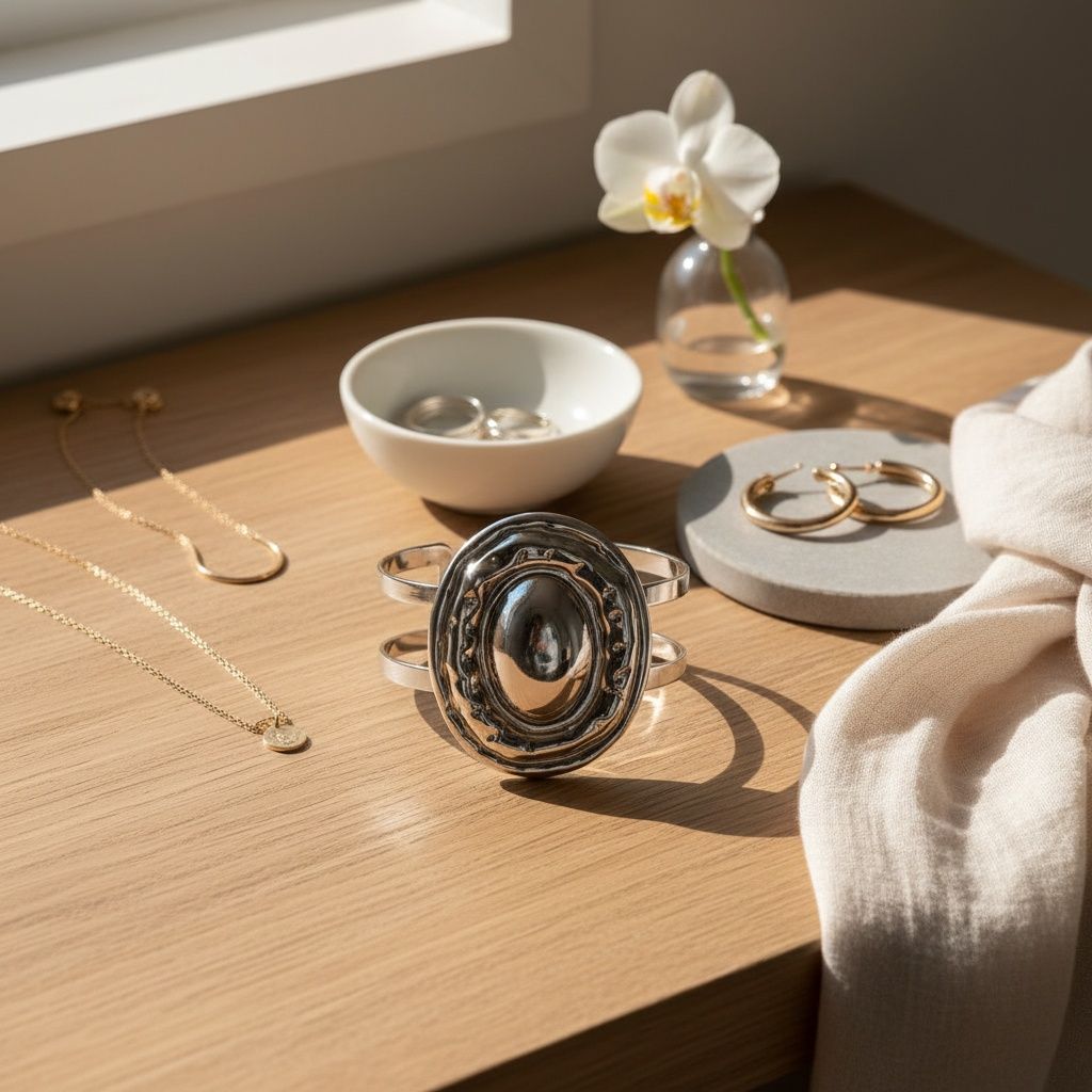 Cuff Silver Organic Oval Domed Metal Bracelet