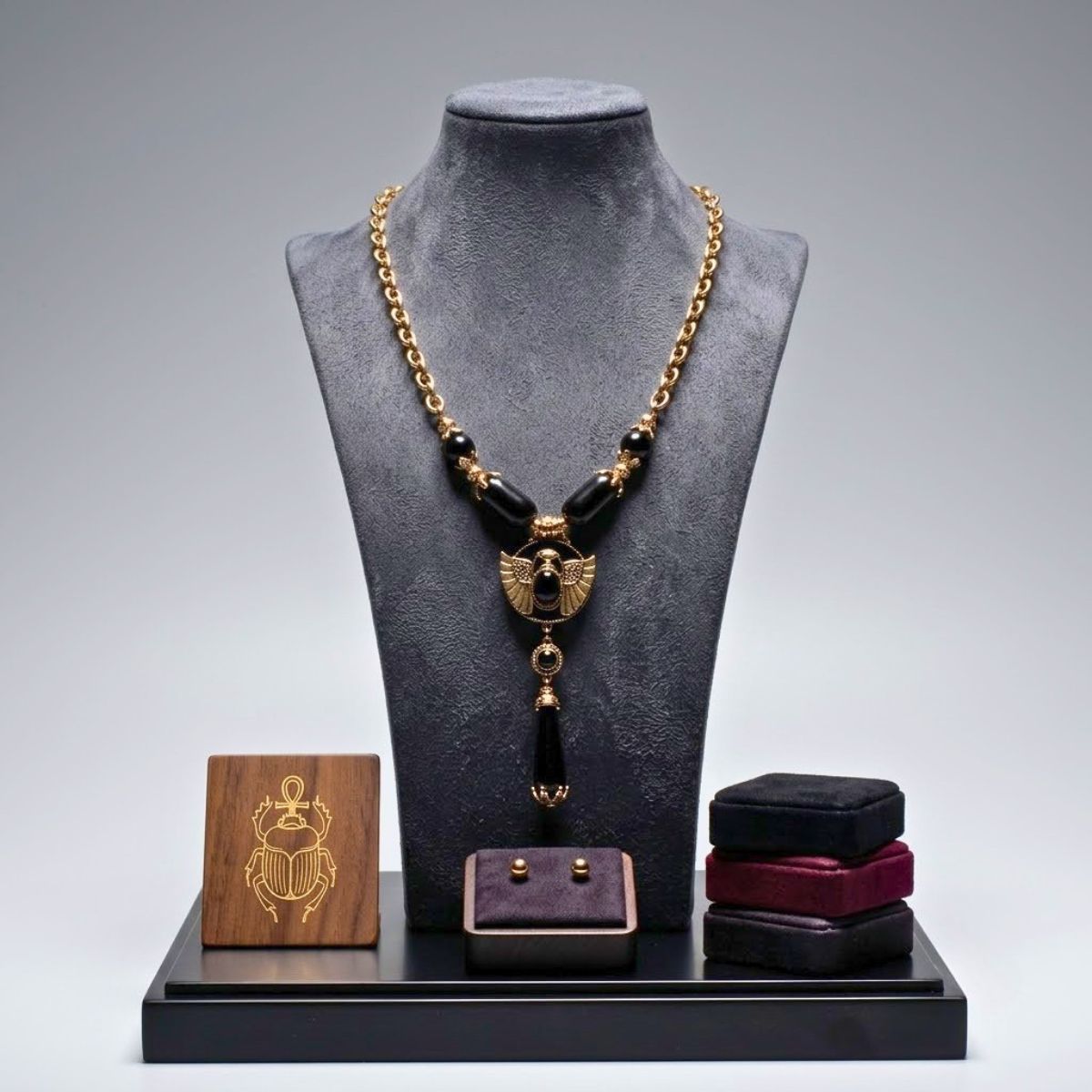 Egyptian Gold Scarab Black Pendant Necklace
