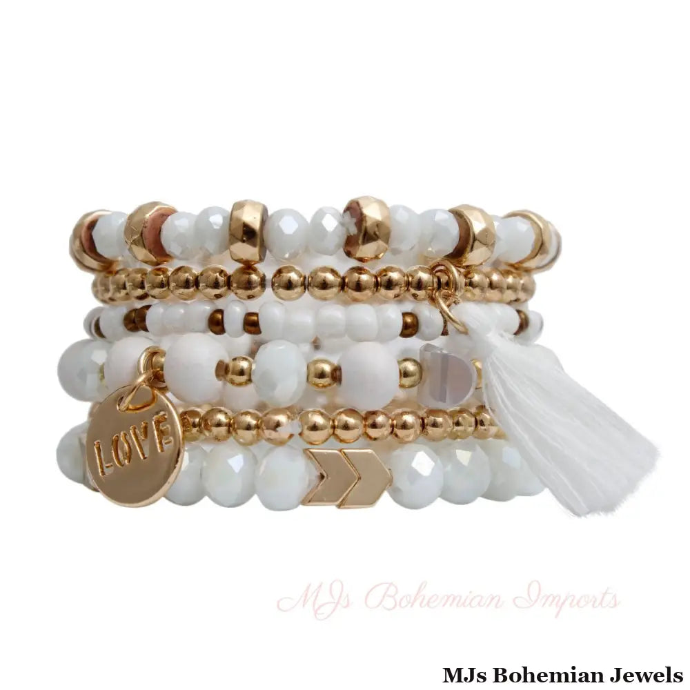 White Glass Love 6 Pcs Bracelets