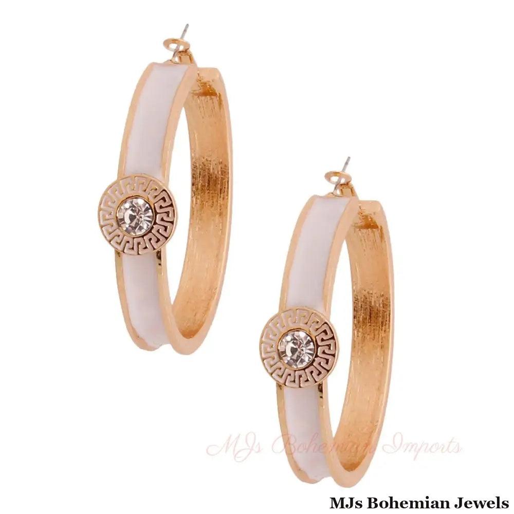 White Greek Medallion Heavy Hoops