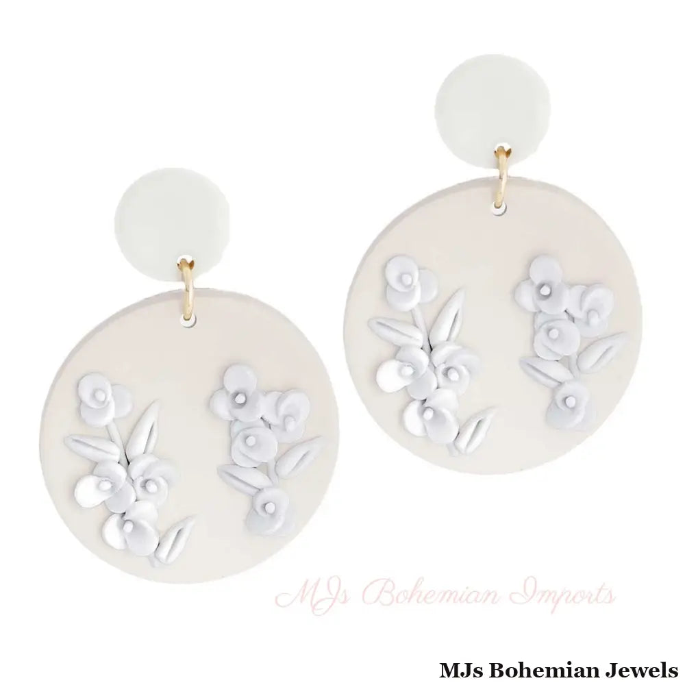 White Tan Clay Round Flower Bridal Earrings