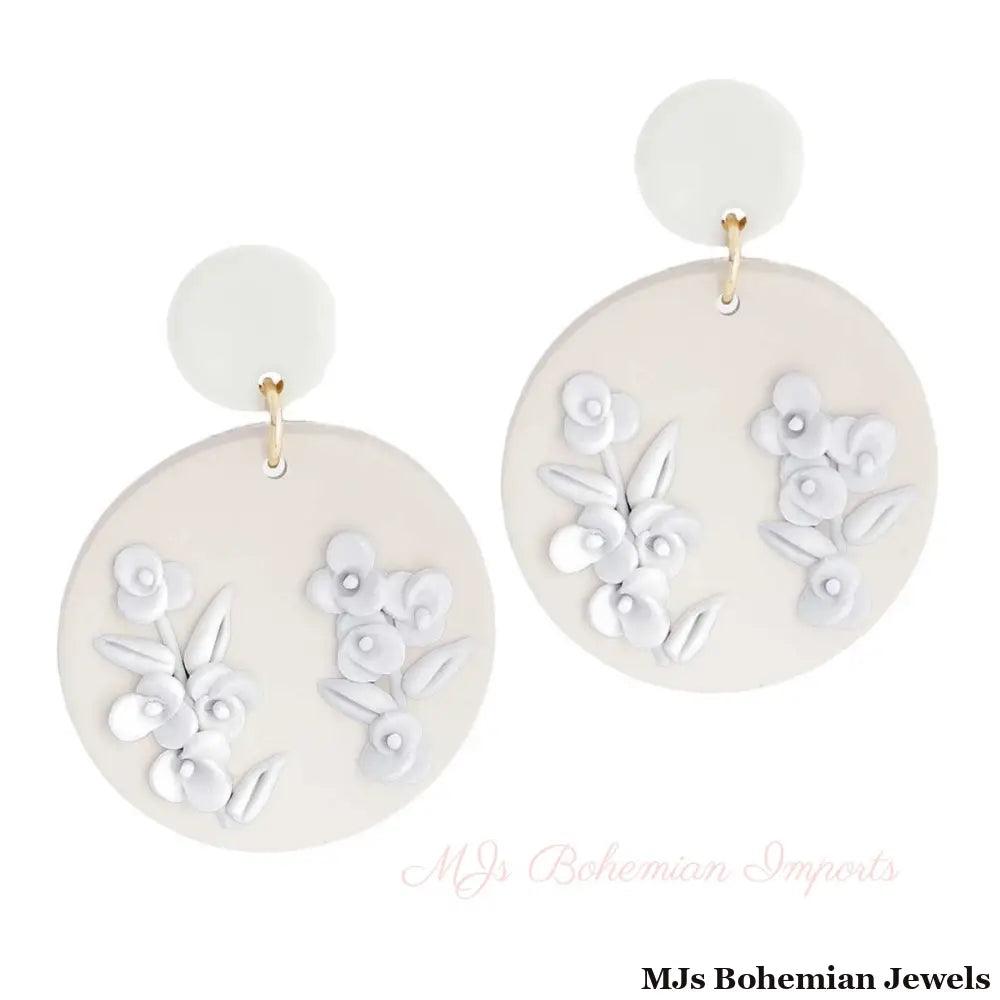 White Tan Clay Round Flower Bridal Earrings
