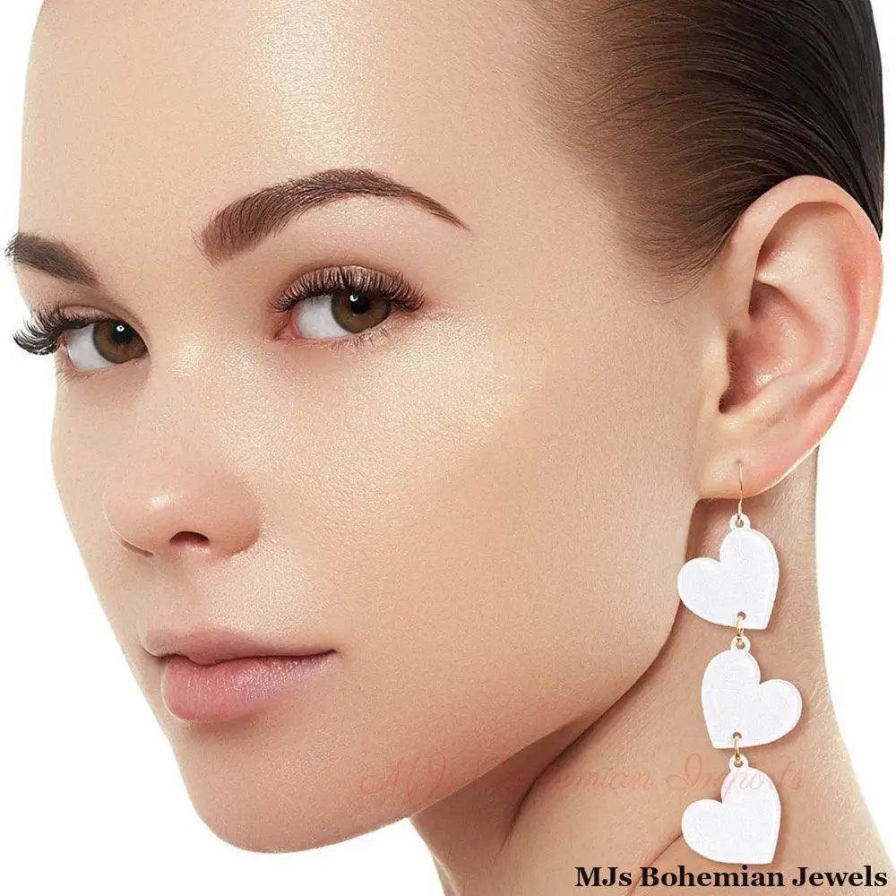 White Triple Link Heart Earrings