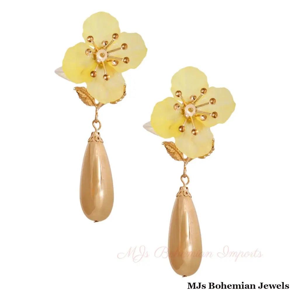 Yellow Flower Gold Teardrop Earrings