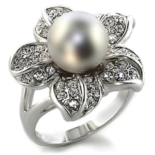 0C108 - Rhodium Brass Ring with Synthetic Pearl in Gray Size 10