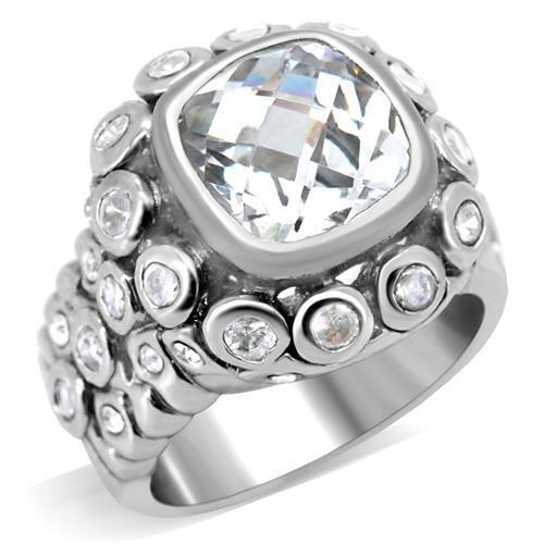 0C705 - Rhodium Brass Ring with AAA Grade CZ  in Clear Size 5