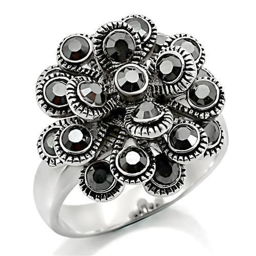 0W301 - Rhodium Brass Ring with Top Grade Crystal in Jet
