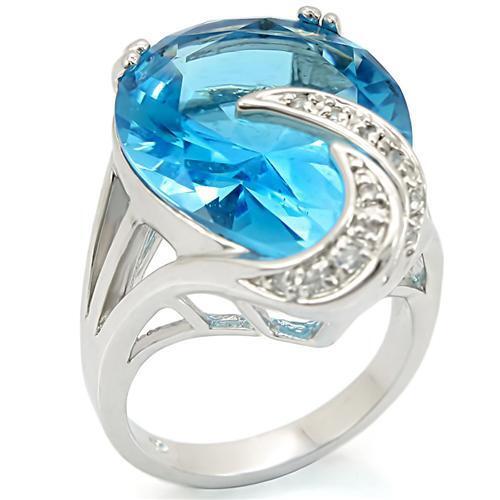Rhodium Brass Ring with Synthetic Synthetic Glass in Sea Blue
