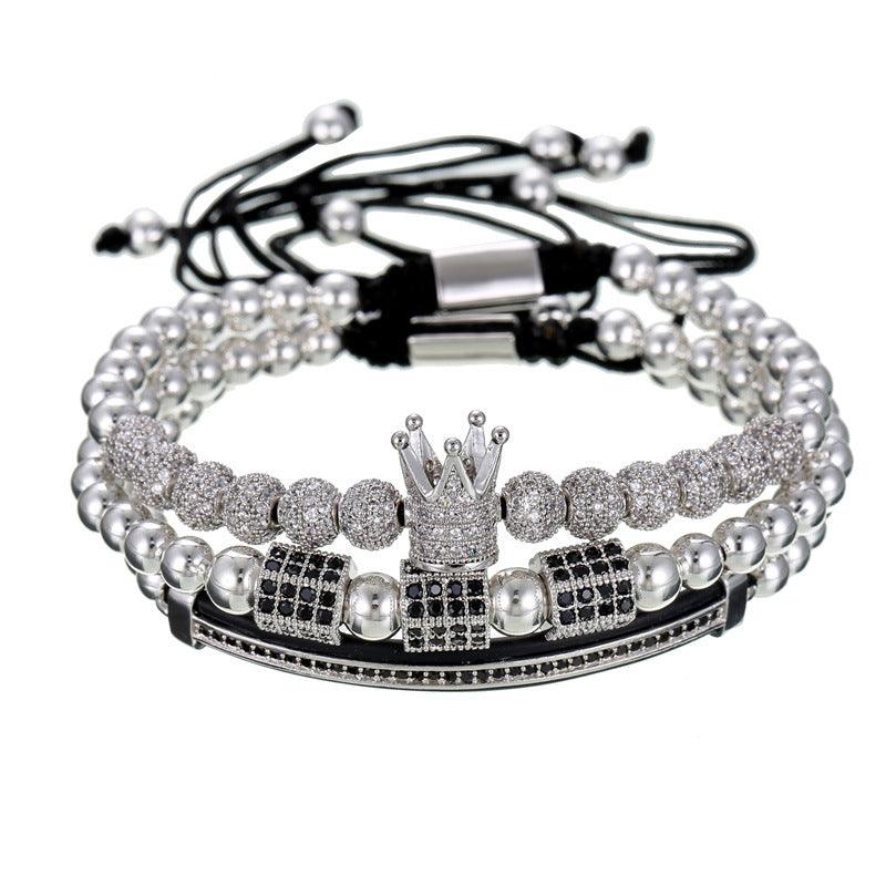 Color: Single row silver - Micro-encrusted drill ball double row diamond crescent three-piece bracelet