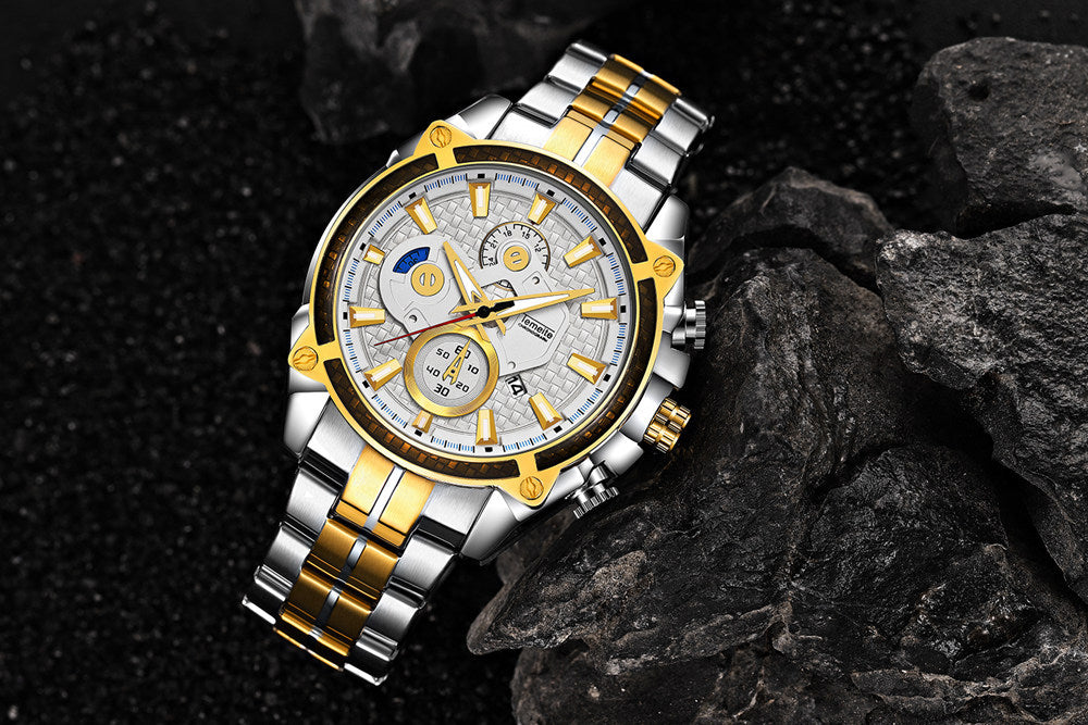 Color: Golden White - men''s watch fake three eyes luminous men''s watch fashion casual steel band waterproof watch t504g