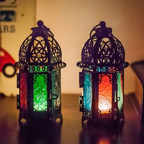 Glass Crystal Moroccan Candlestick Metal Hollow Candle Holder Home Coffee Shop Decoration Iron Hanging Candle Lantern 250519