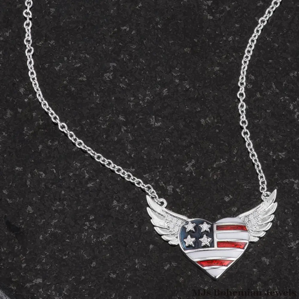 .14 Ct Patriotic Winged Heart Necklace with CZ Accents - MJs Bohemian Jewels