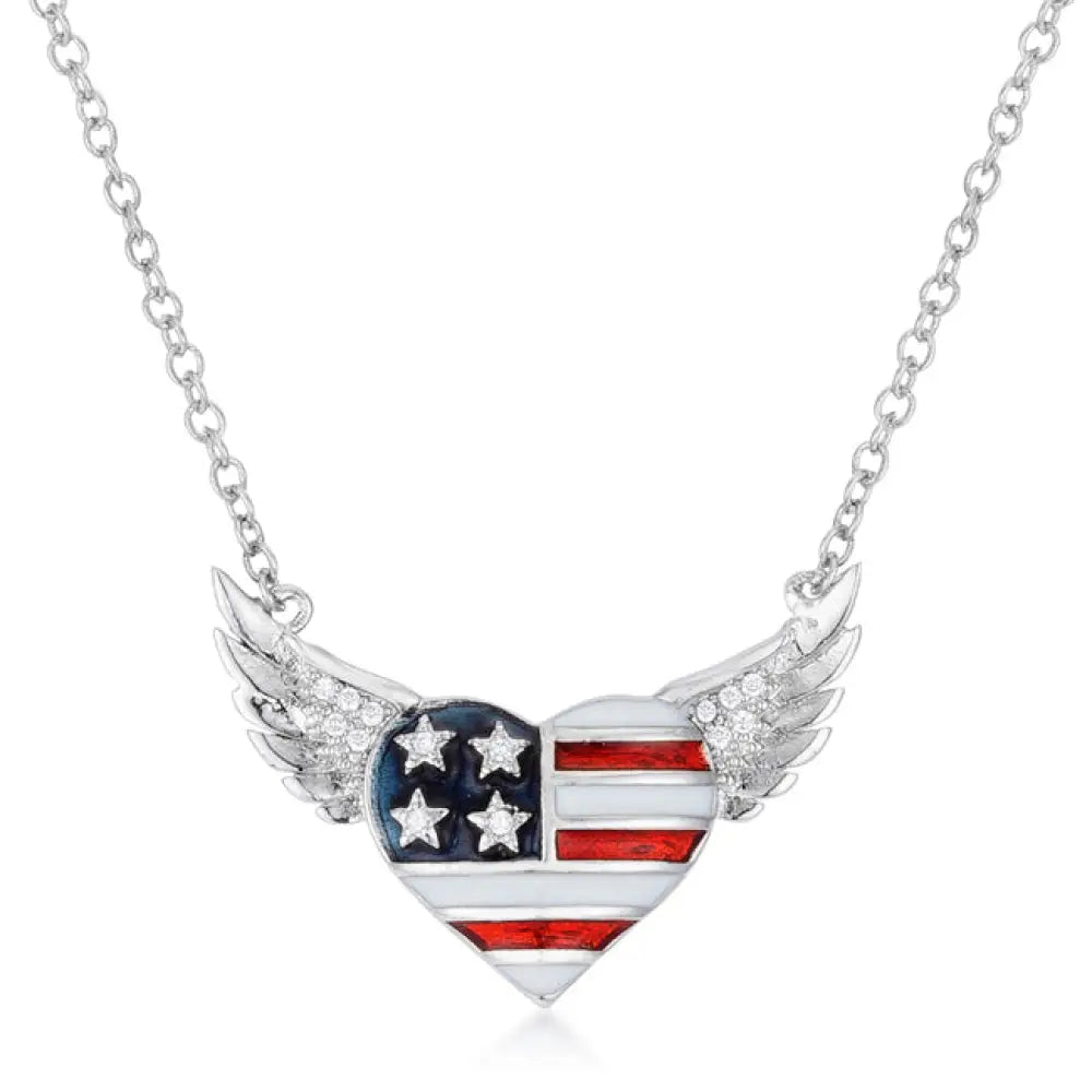 .14 Ct Patriotic Winged Heart Necklace with CZ Accents - MJs Bohemian Jewels