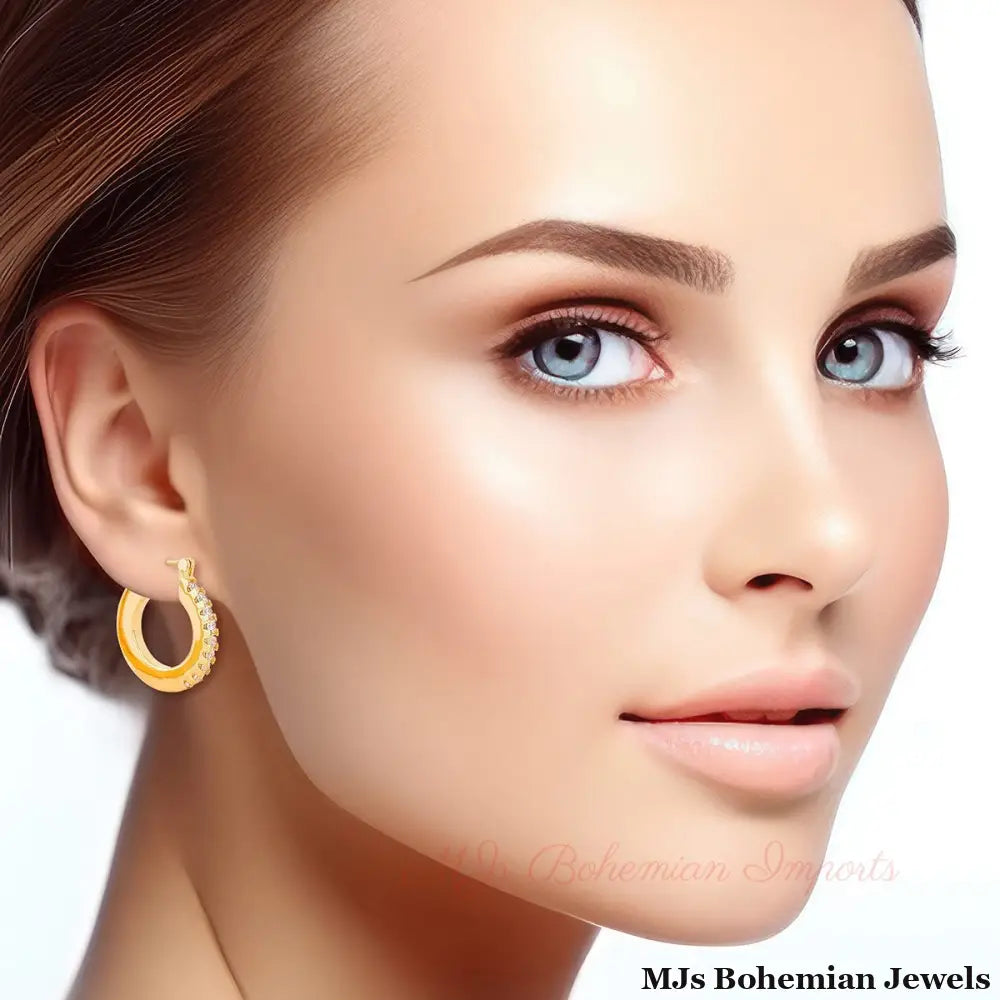 14K Gold CZ Pave Pin Catch Hoops