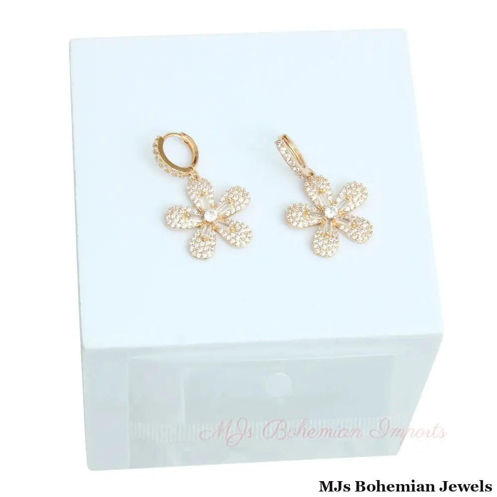 14k Gold Plated CZ Flower Huggie Hoops