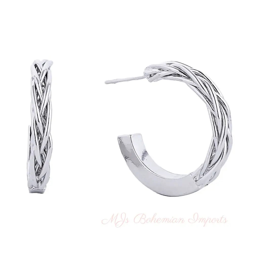 14K White Gold Braided Post Hoops
