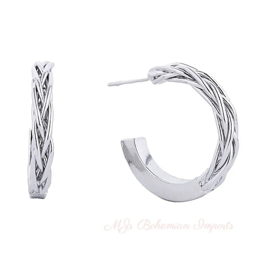14K White Gold Braided Post Hoops