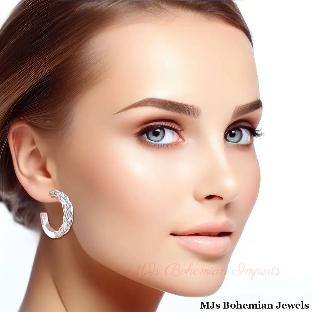 14K White Gold Braided Post Hoops