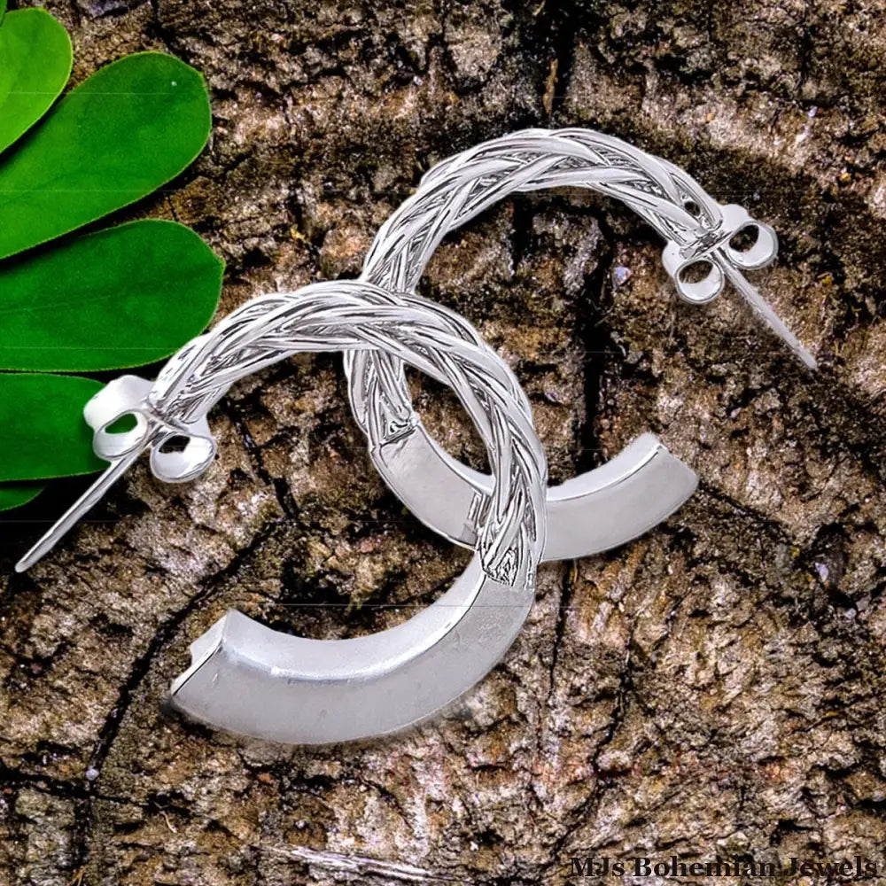 14K White Gold Braided Post Hoops