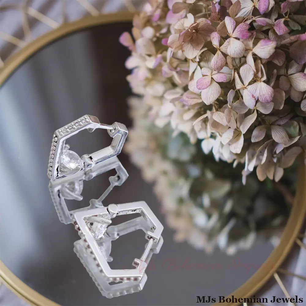 14K White Gold CZ Diamond Huggie Hoops