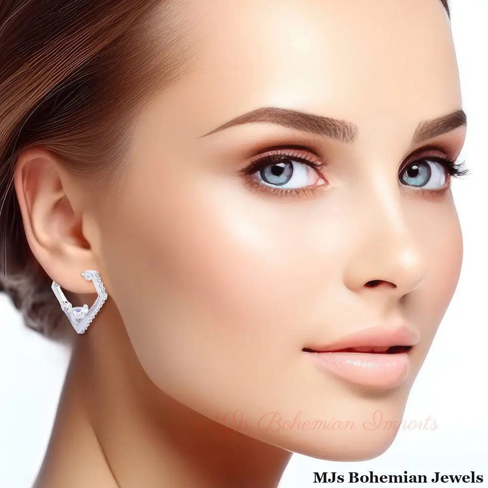 14K White Gold CZ Diamond Huggie Hoops