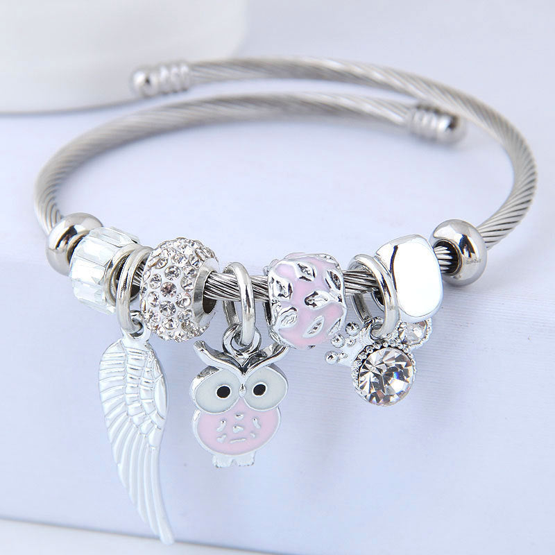 DIY Beaded Owl Bracelet with Angel Wings Pendant in Stainless Steel