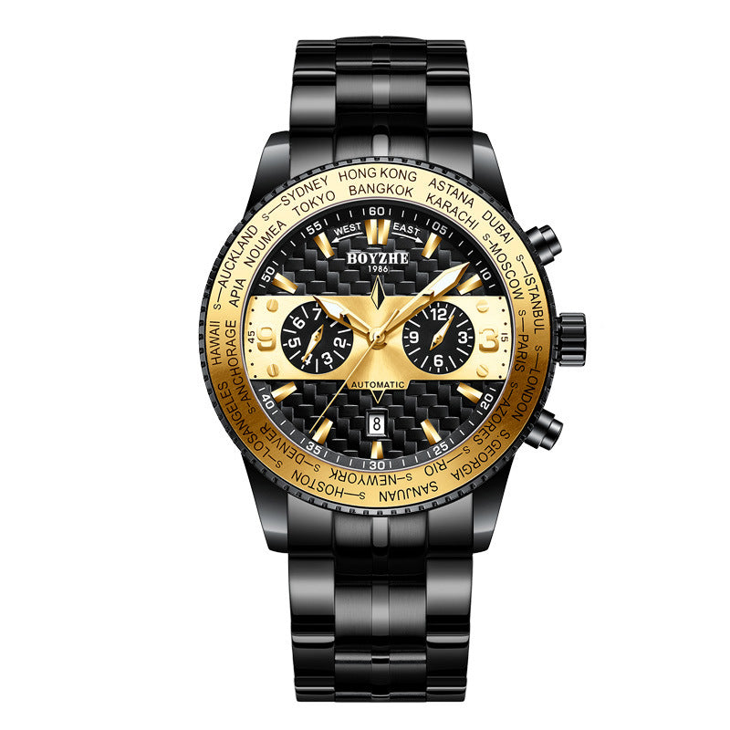 Color: Gold steel belt - Boyzhe Fashion High-End Leather Strap Waterproof Mechanical Watch New Wholesale Custom Men'S Watch