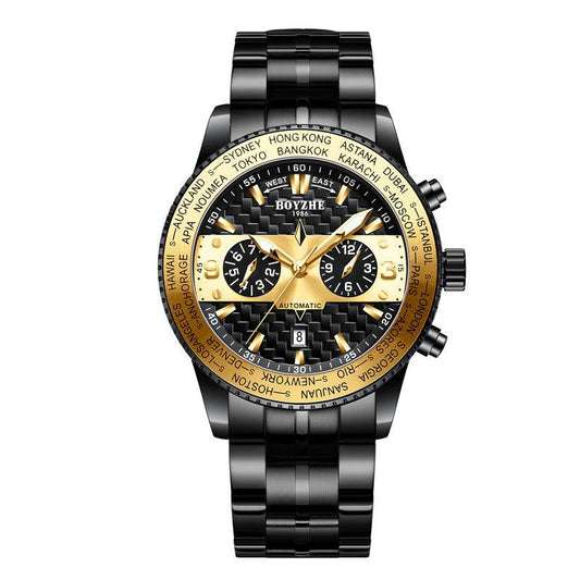 Color: Gold steel belt - Boyzhe Fashion High-End Leather Strap Waterproof Mechanical Watch New Wholesale Custom Men'S Watch