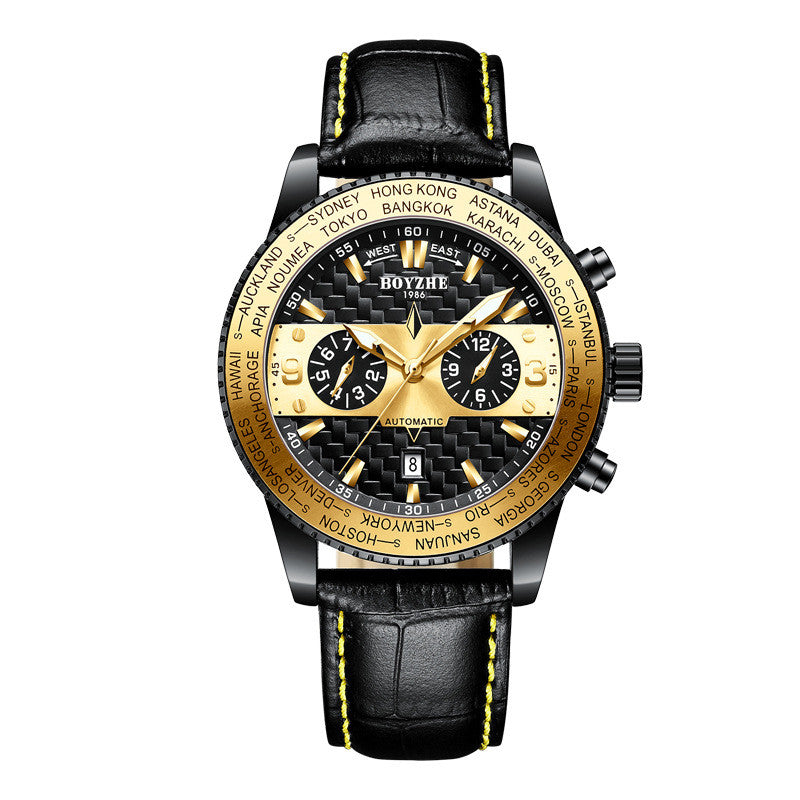 Color: Gold belt - Boyzhe Fashion High-End Leather Strap Waterproof Mechanical Watch New Wholesale Custom Men'S Watch