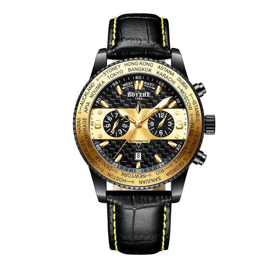 Color: Gold belt - Boyzhe Fashion High-End Leather Strap Waterproof Mechanical Watch New Wholesale Custom Men'S Watch