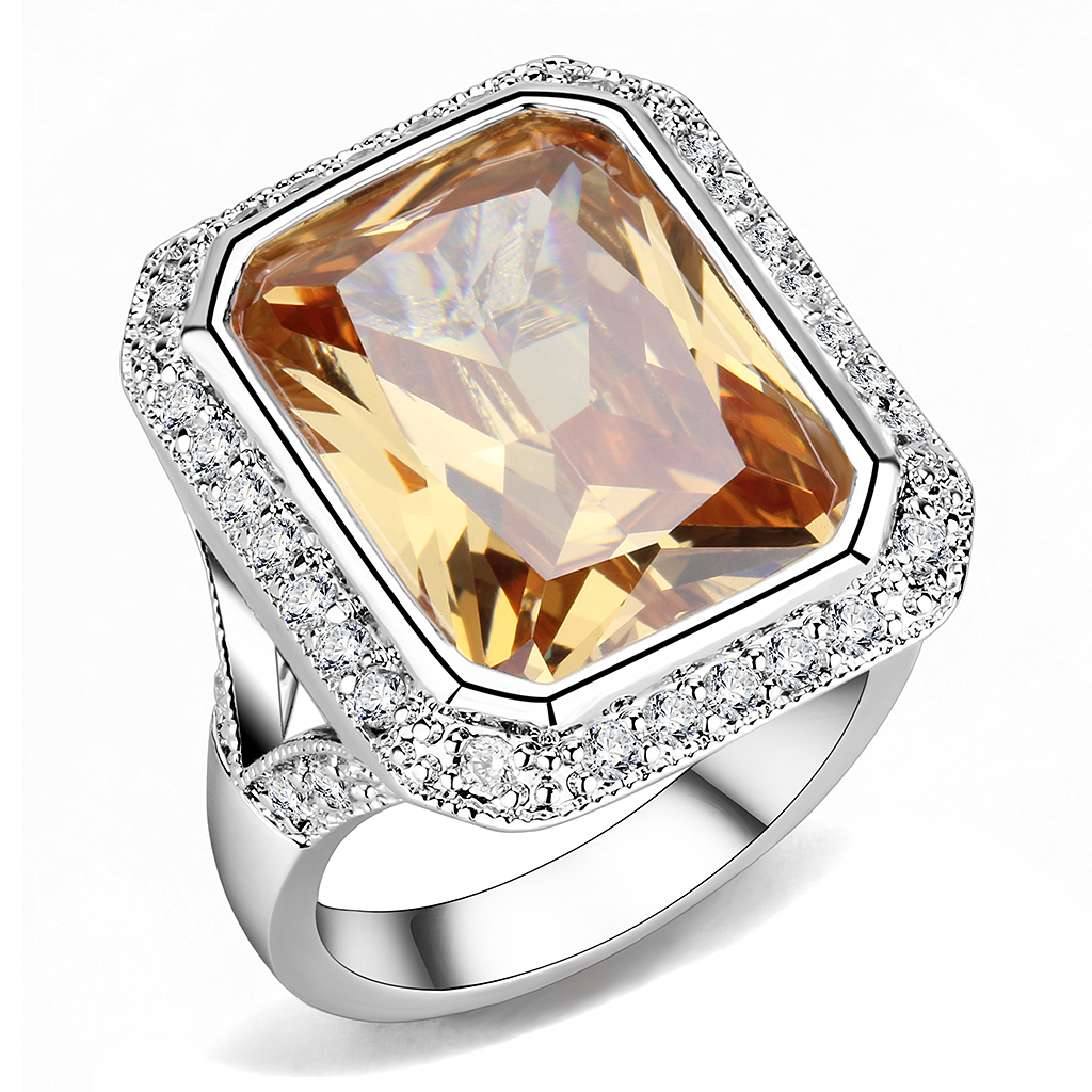 Rhodium Brass Ring with AAA Grade CZ in Champagne