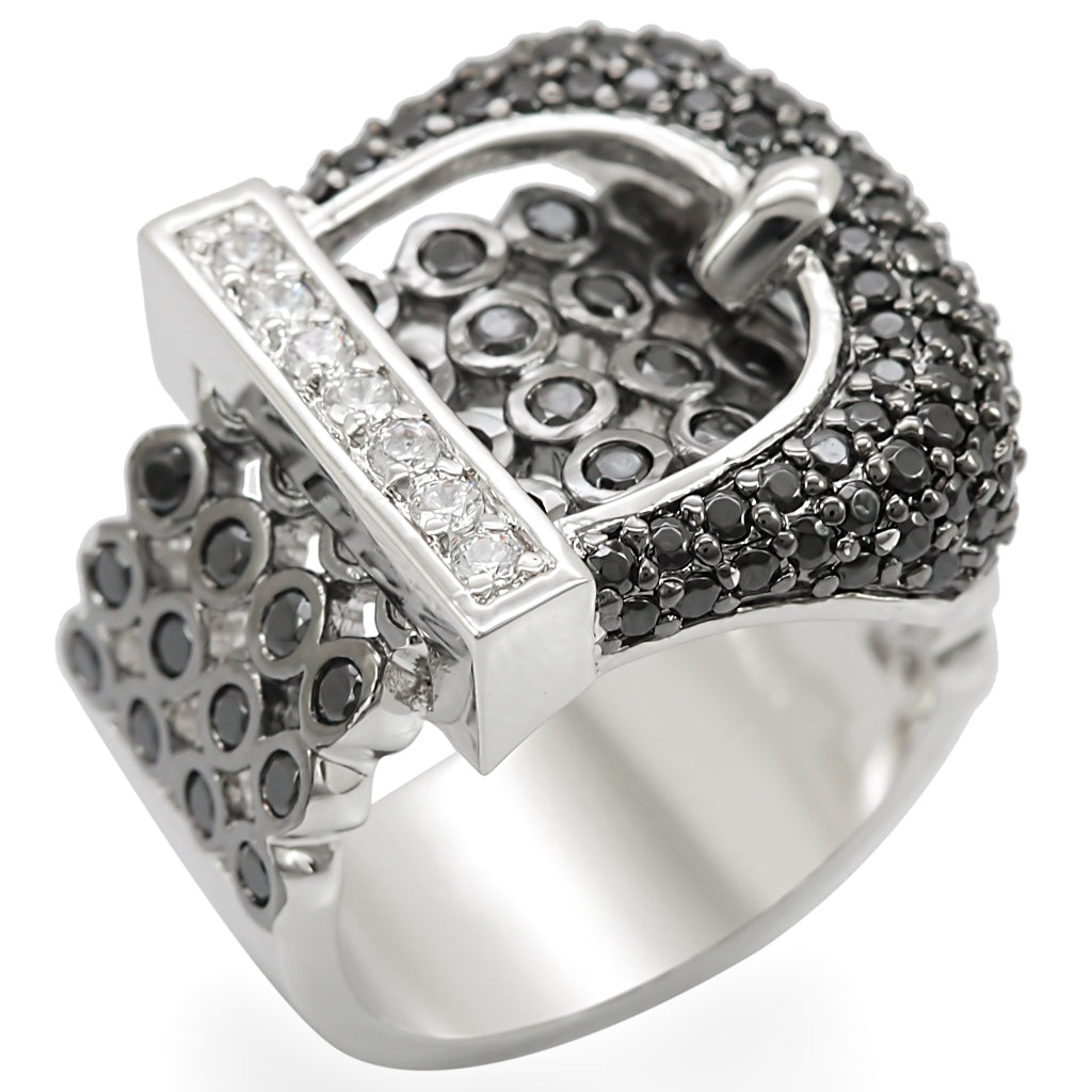 Rhodium + Ruthenium Brass Ring with AAA Grade CZ in Black Diamond Size 6
