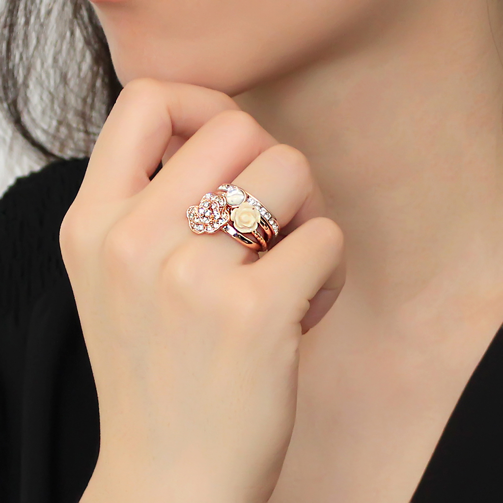 Rose Gold Brass Ring with Synthetic Synthetic Stone in White
