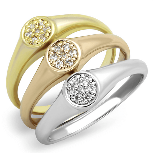 3W862 - Rhodium + Gold + Rose Gold Brass Ring with AAA Grade CZ  in Clear