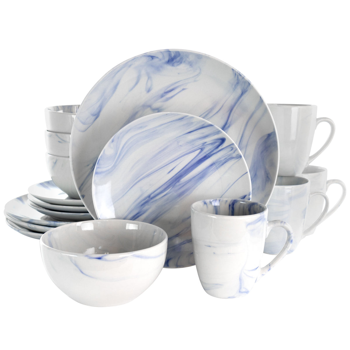 Elama Fine Marble 16-Piece Stoneware Dinnerware Set in Blue & White