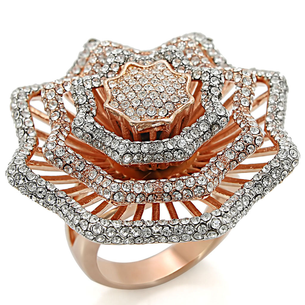 Rose Gold + Rhodium Brass Ring with Top Grade Crystal  in Clear Size 7