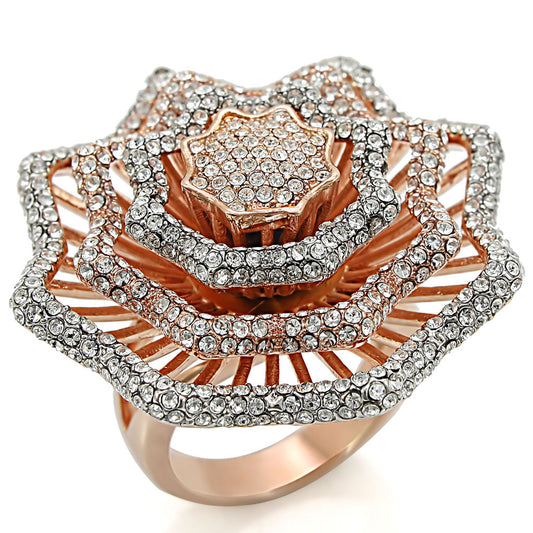 Rose Gold + Rhodium Brass Ring with Top Grade Crystal  in Clear Size 7