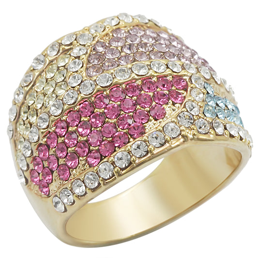 Gold Brass Ring with Top Grade Crystal in Multi Color Size 7