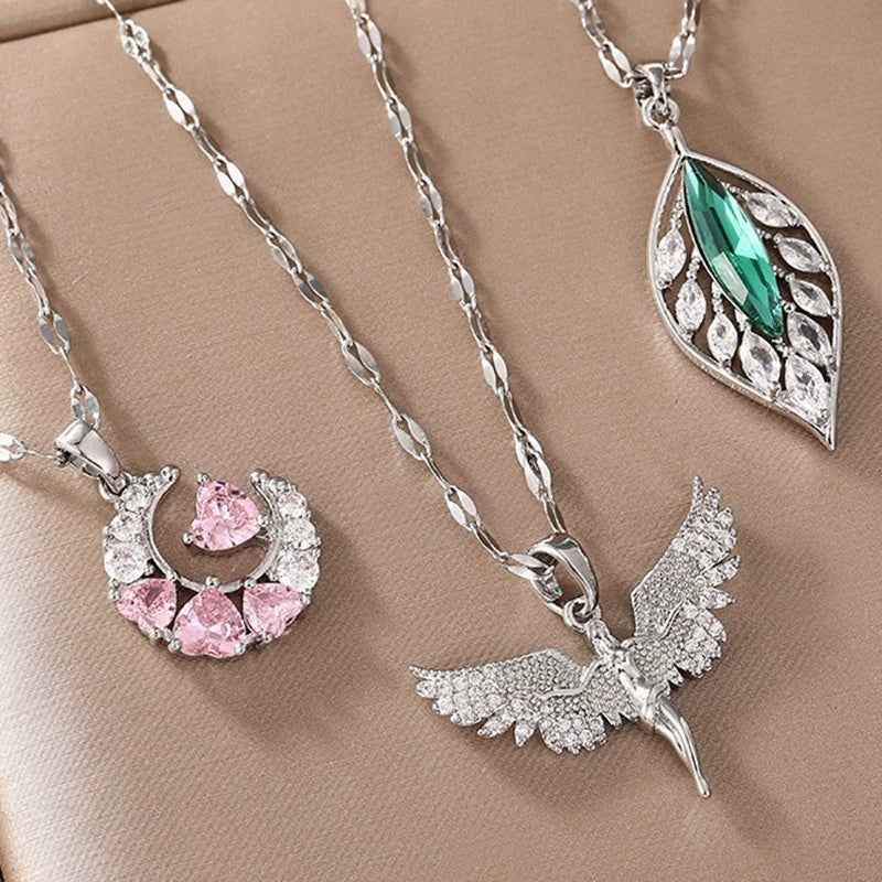 Women’s Dream Moon Necklace - Titanium Steel with Green, Pink, and White Accents for Elegant Style