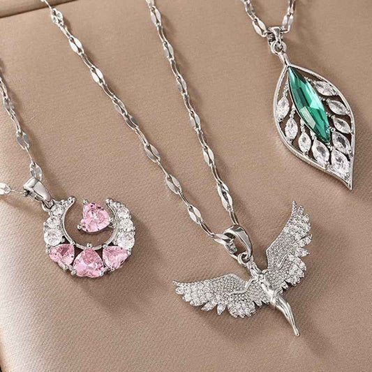 Women’s Dream Moon Necklace - Titanium Steel with Green, Pink, and White Accents for Elegant Style