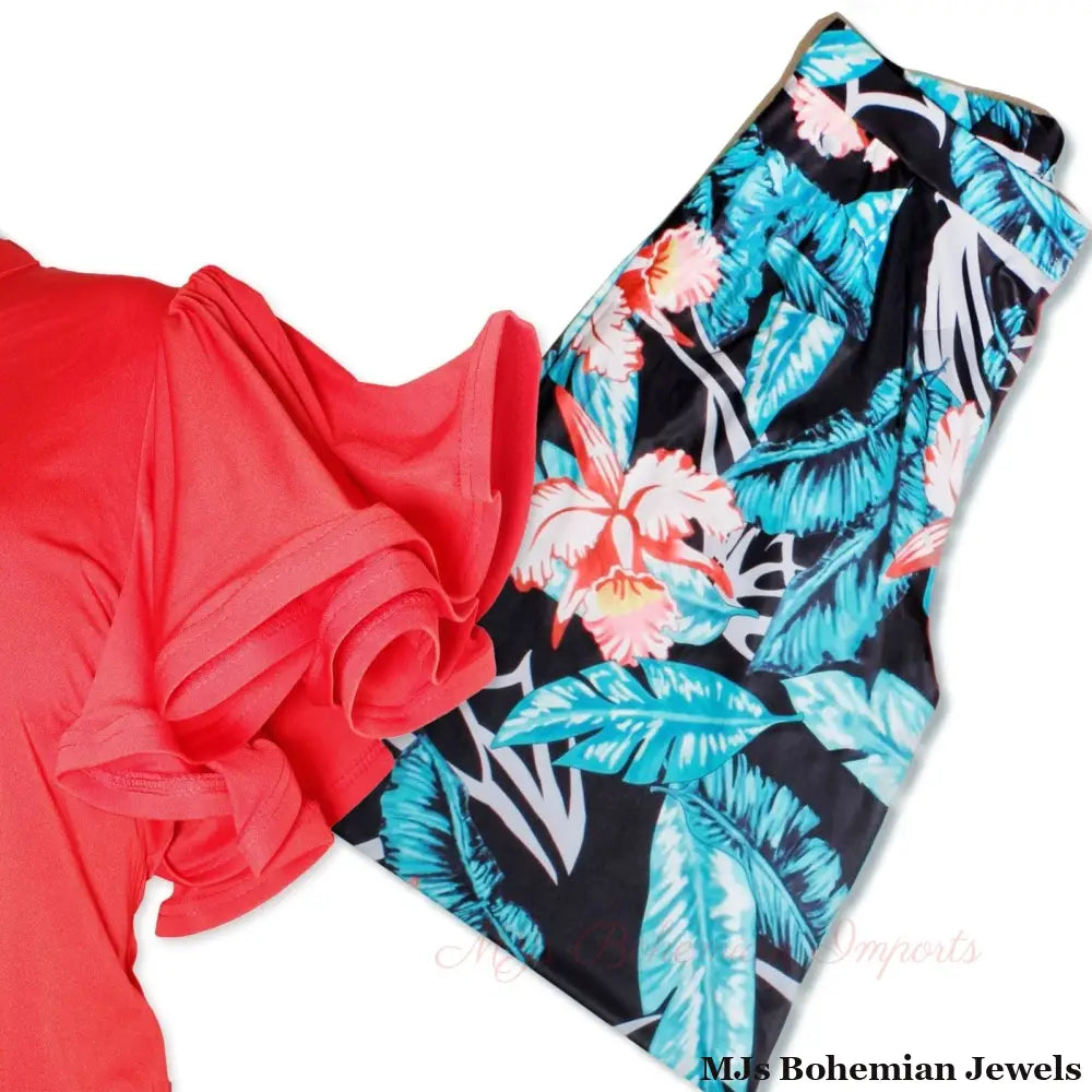 1XL Red Ruffle Tropical Pant Set