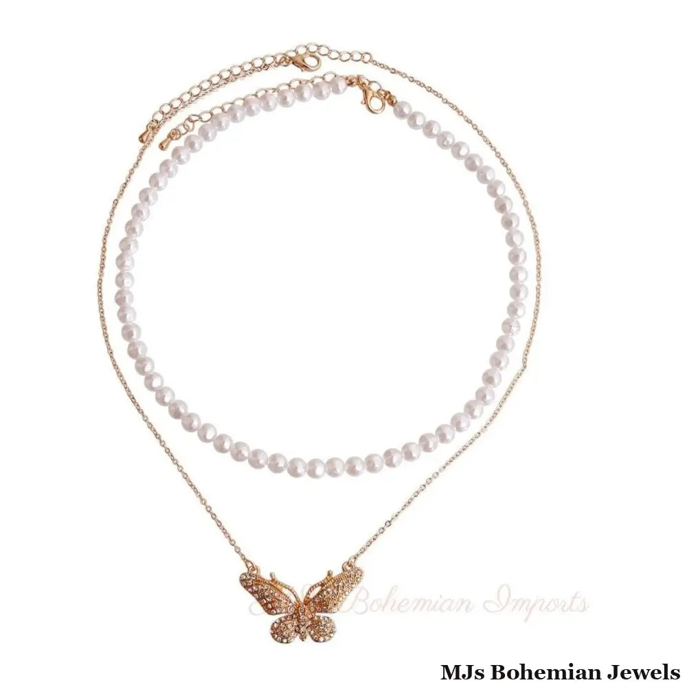 2 Pcs Gold Pearl Butterfly Necklace
