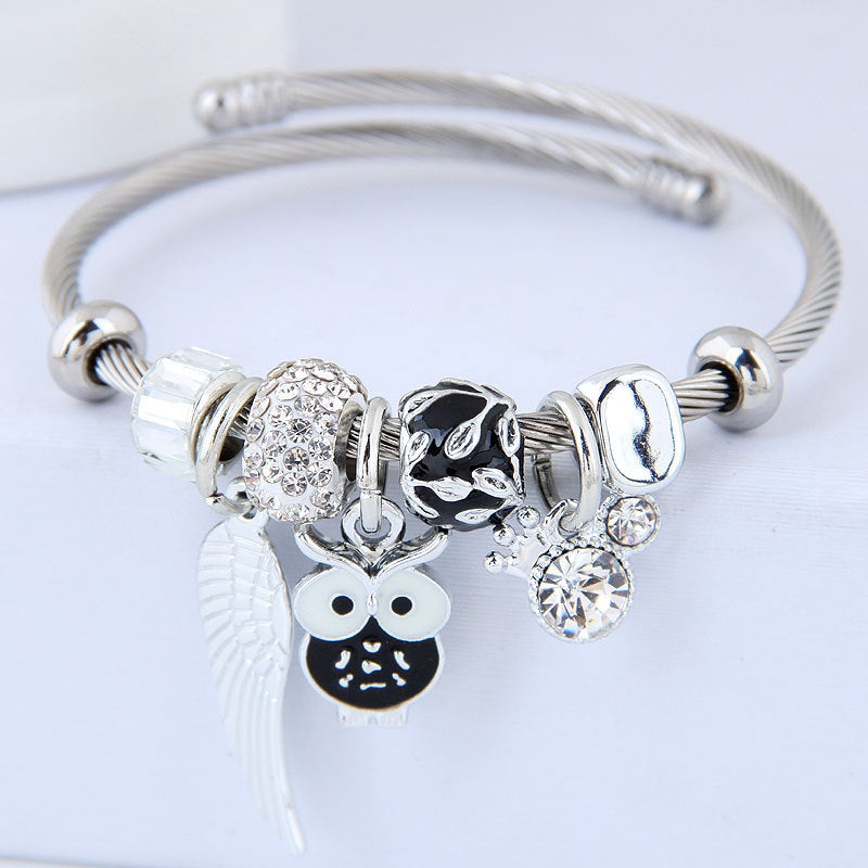 DIY Beaded Owl Bracelet with Angel Wings Pendant in Stainless Steel